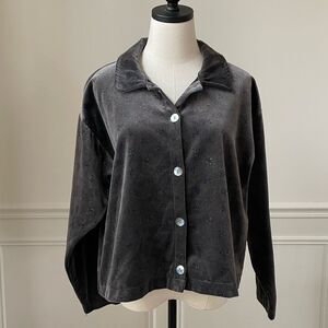 True Grit Petit Leaves Dark Grey Blue Leaf Velvet Boxy Shirt L
